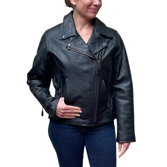 BIKERS DREAM APPAREL HEAVY LEATHER ZIP UP BRAIDED TRIM MOTORCYCLE MOTO JACKET - Picture 1 of 16